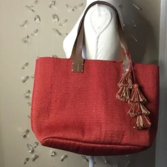 J. Jill Red and brown Woven Tote Bag with Tassel Accents - Picture 1 of 8